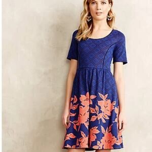 HD in Paris Blushed Blooms Jacquard Dress Womens Medium Blue Coral Fit and Flare